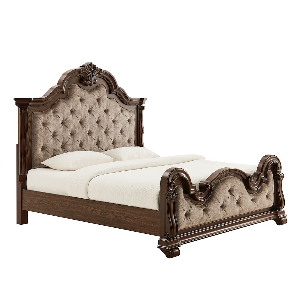 Belvedere Eastern King Platform Bed Frame, Tufted Headboard - Dark Cherry Finish. Picture 1