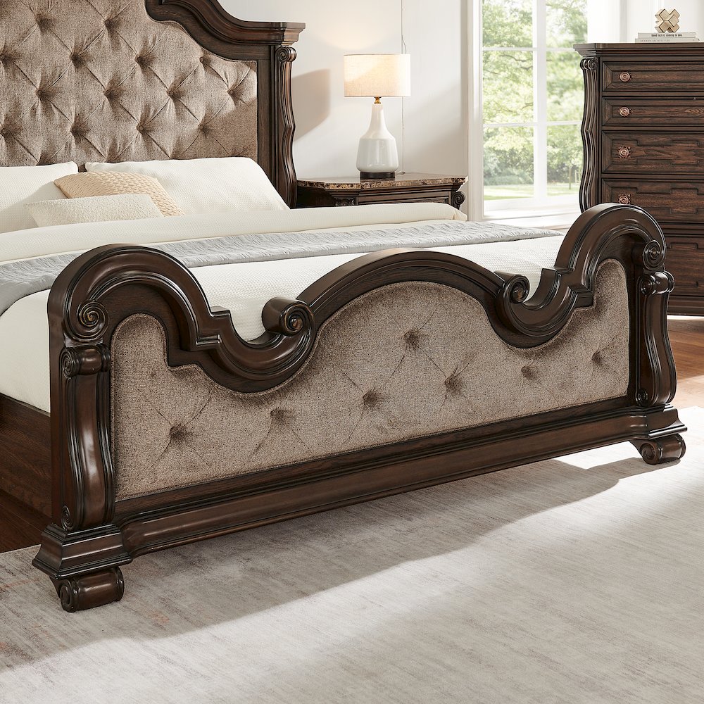 Belvedere Eastern King Platform Bed Frame, Tufted Headboard - Dark Cherry Finish. Picture 8