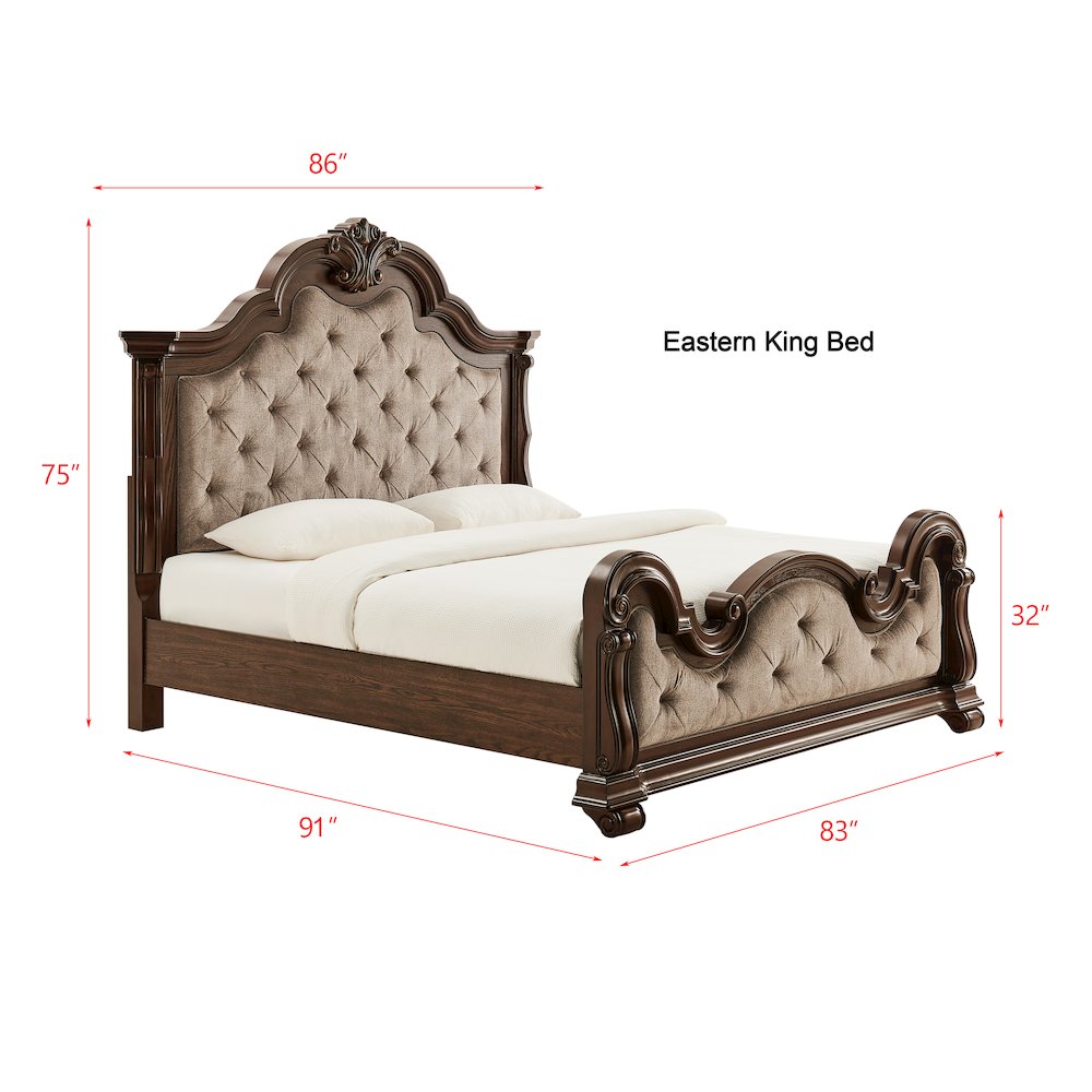 Belvedere Eastern King Platform Bed Frame, Tufted Headboard - Dark Cherry Finish. Picture 11
