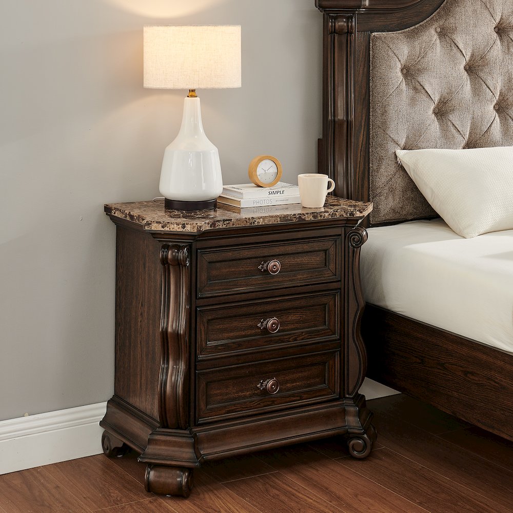 Belvedere 32.5" Wide 2-Drawer Nightstand, Marble Top - Dark Cherry Finish. Picture 8
