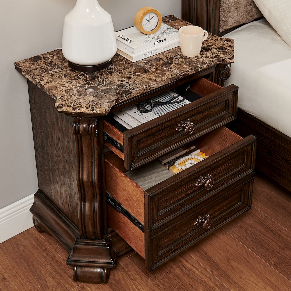 Belvedere 32.5" Wide 2-Drawer Nightstand, Marble Top - Dark Cherry Finish. Picture 5