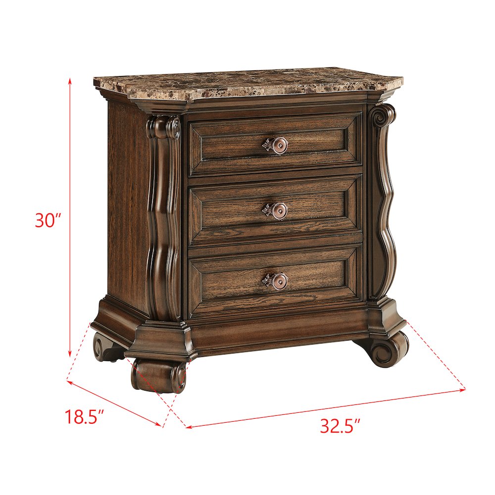 Belvedere 32.5" Wide 2-Drawer Nightstand, Marble Top - Dark Cherry Finish. Picture 10