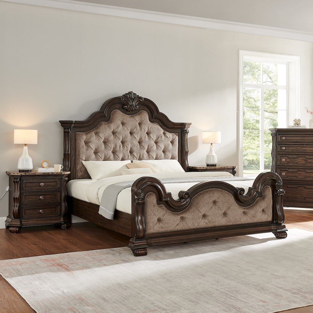 Belvedere Queen Platform Bed Frame, Tufted Fabric Headboard - Dark Cherry Finish. Picture 9