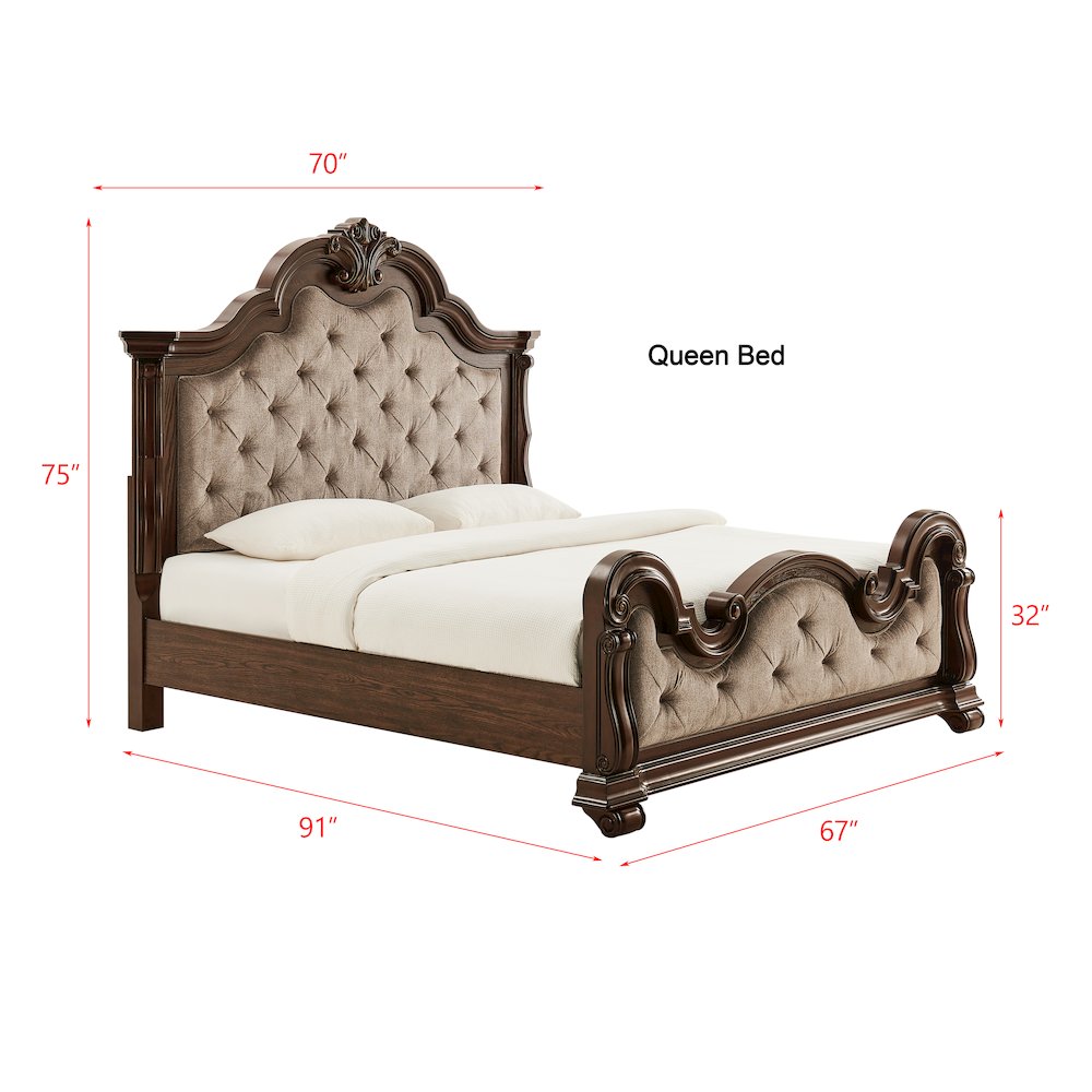 Belvedere Queen Platform Bed Frame, Tufted Fabric Headboard - Dark Cherry Finish. Picture 11