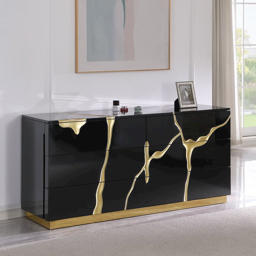 Modern Lacquered Dresser with Striking Gold Crack Accents and Gold Base. Picture 9