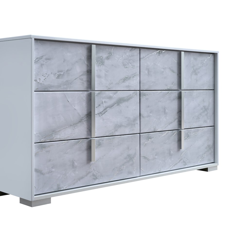 6-Drawer Double Dresser, White Lacquered Gloss, White Faux Marble Finish. Picture 2