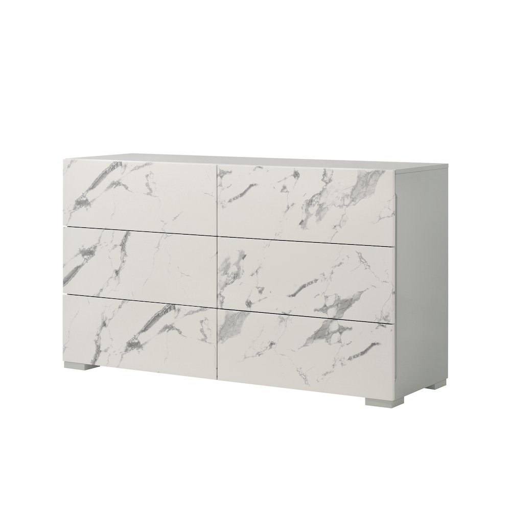 55" Wide 6-Drawer Double Dresser, Faux Marble Panels, Lacquered Gloss Frame. Picture 1