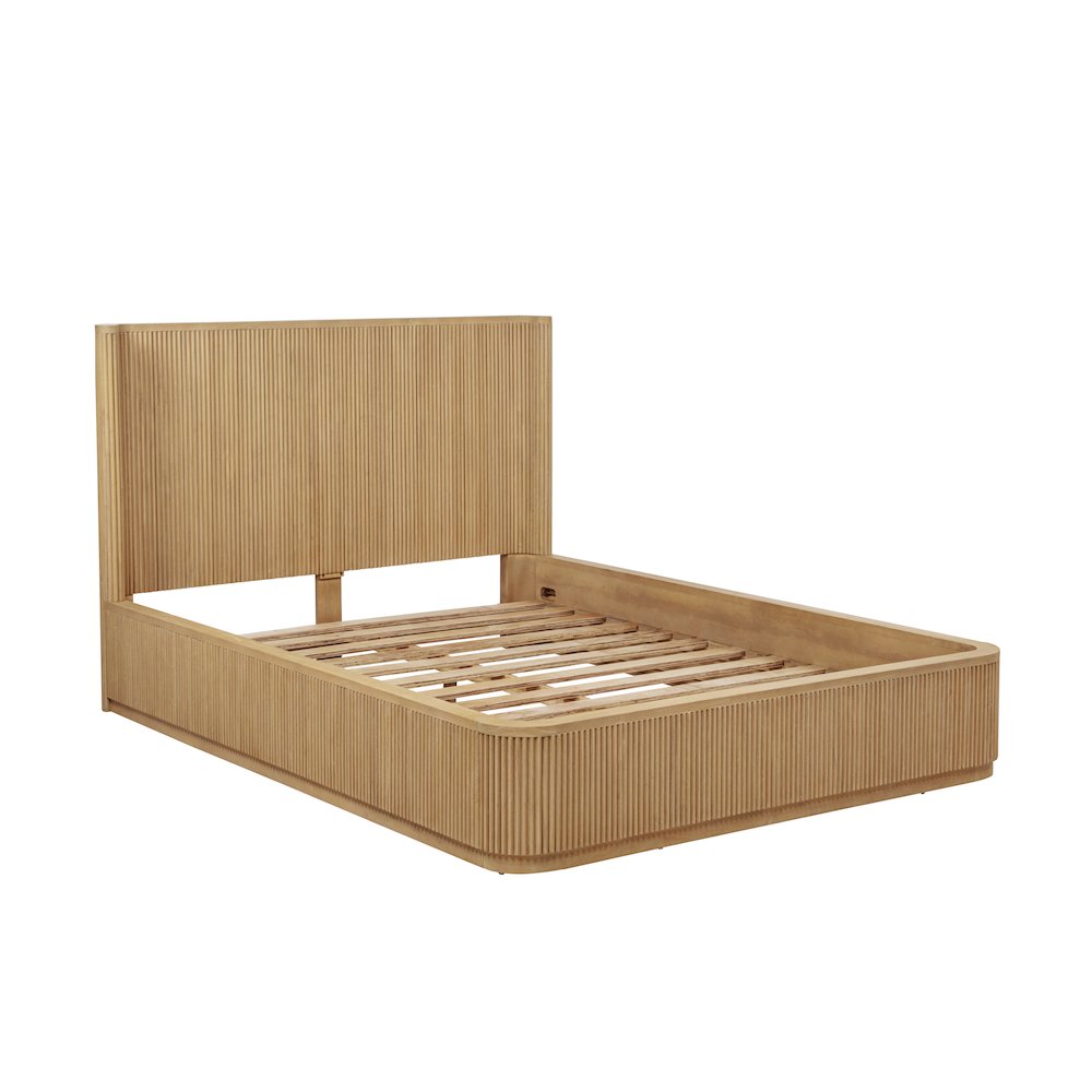 89" Long Modern Fluted Platform Queen Bed Frame 47.5" High Headboard, Light Oak. Picture 3