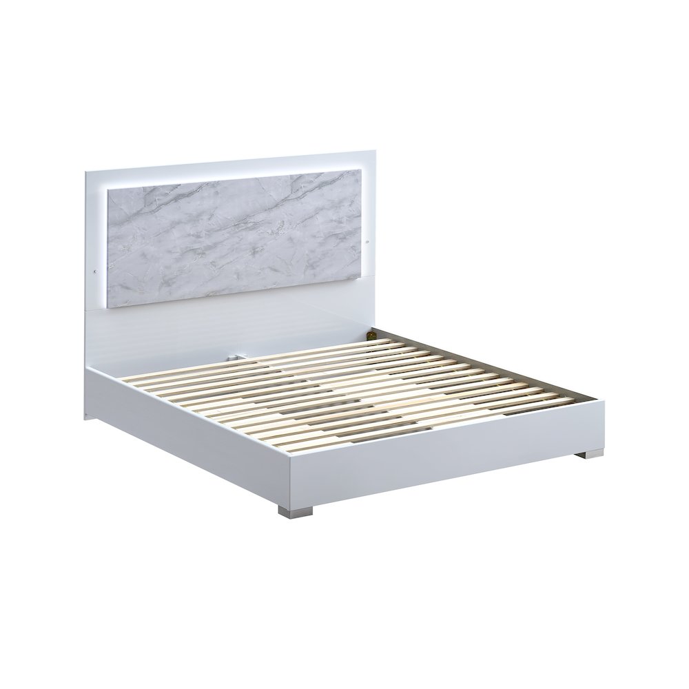 84.5" Queen Bed Frame, White Lacquered Gloss, LED Headboard. Picture 4