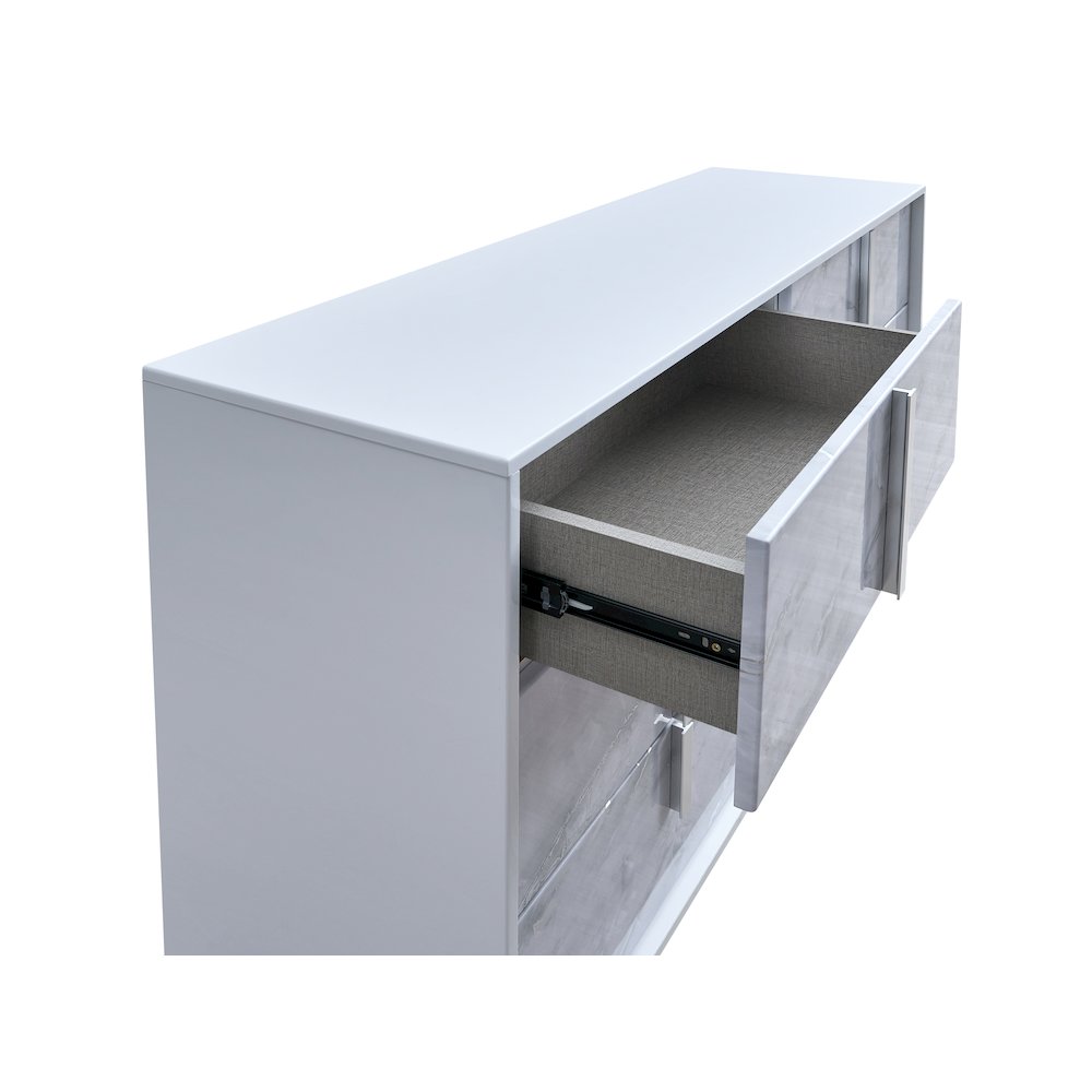 6-Drawer Double Dresser, White Lacquered Gloss, White Faux Marble Finish. Picture 3