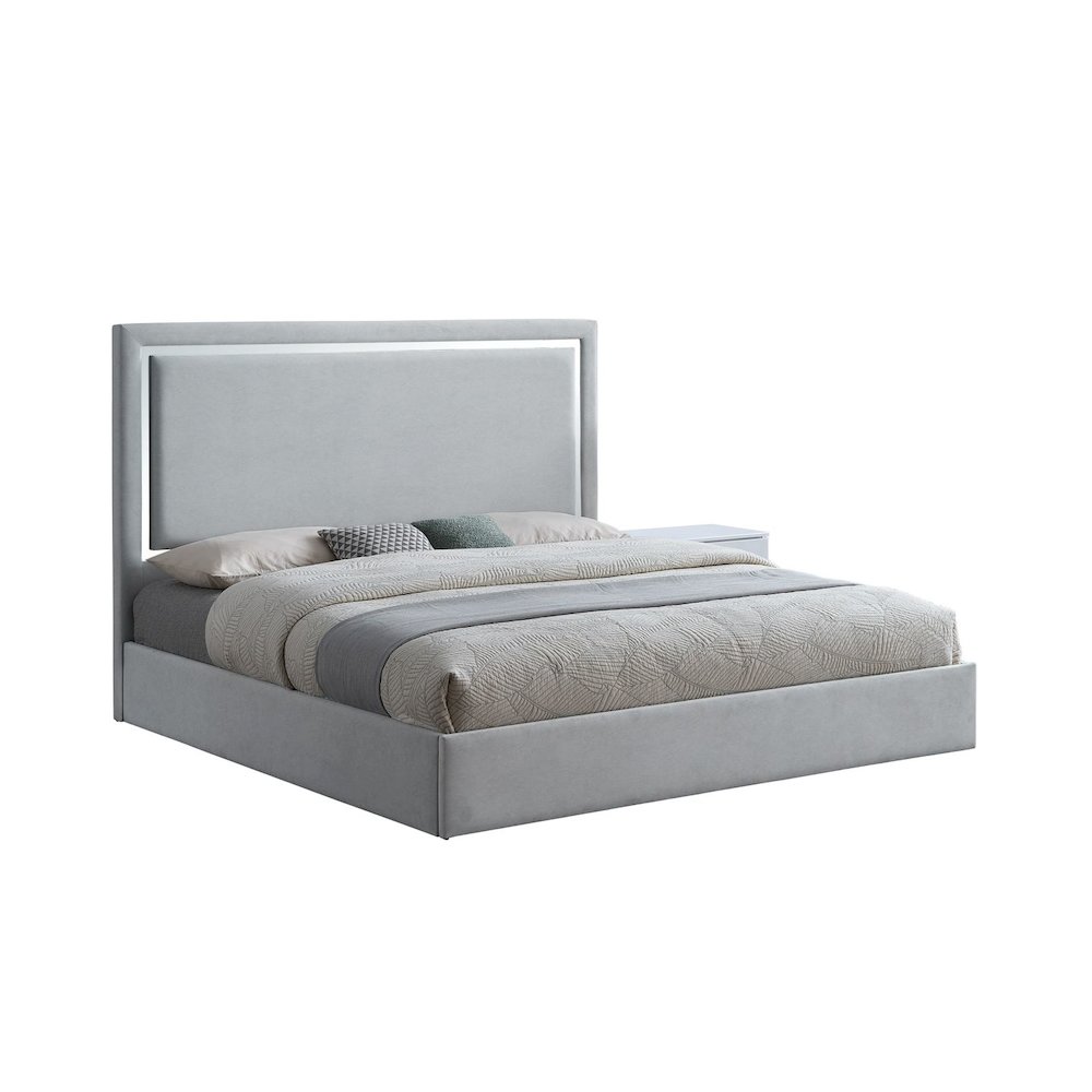 Modern Mirrored Platform Bed Frame, Queen, Gray Cloud. Picture 1