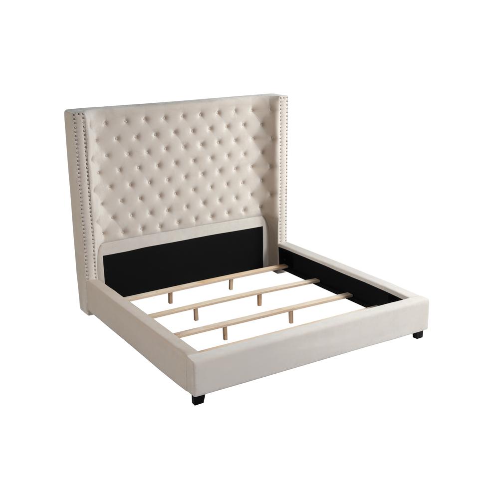 Yvonne Velvet Upholstered Cali King Platform Bed in Beige. Picture 1