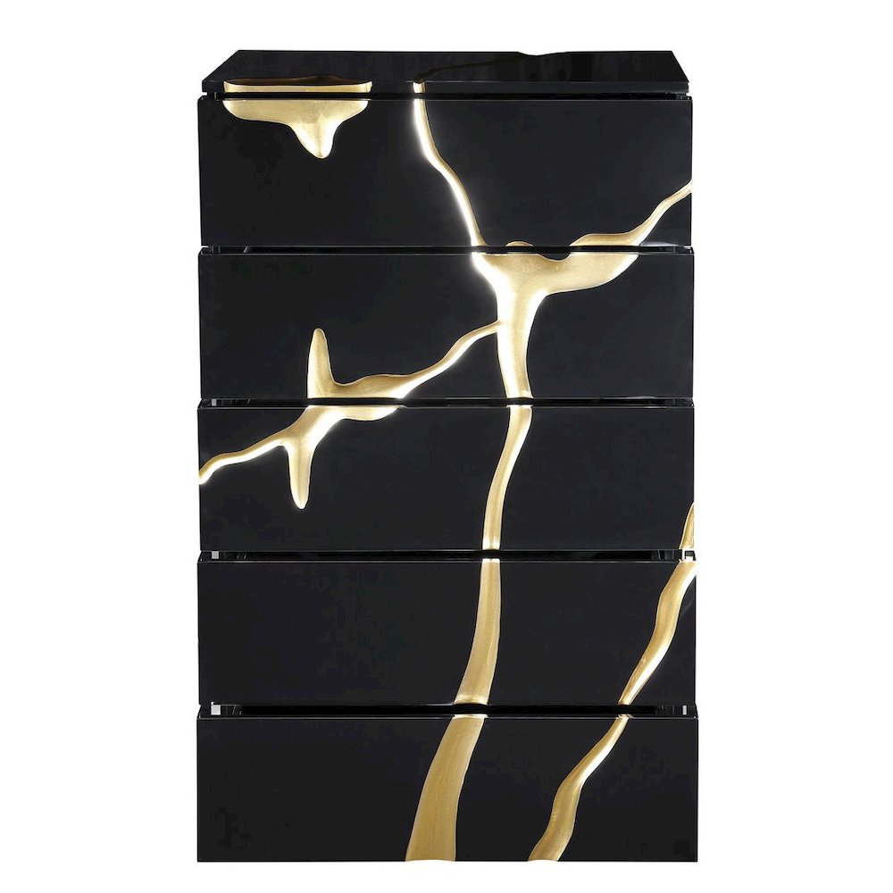 50" Tall Modern High Gloss Lacquered Drawer Chest with Gold Accent Cracks. Picture 4
