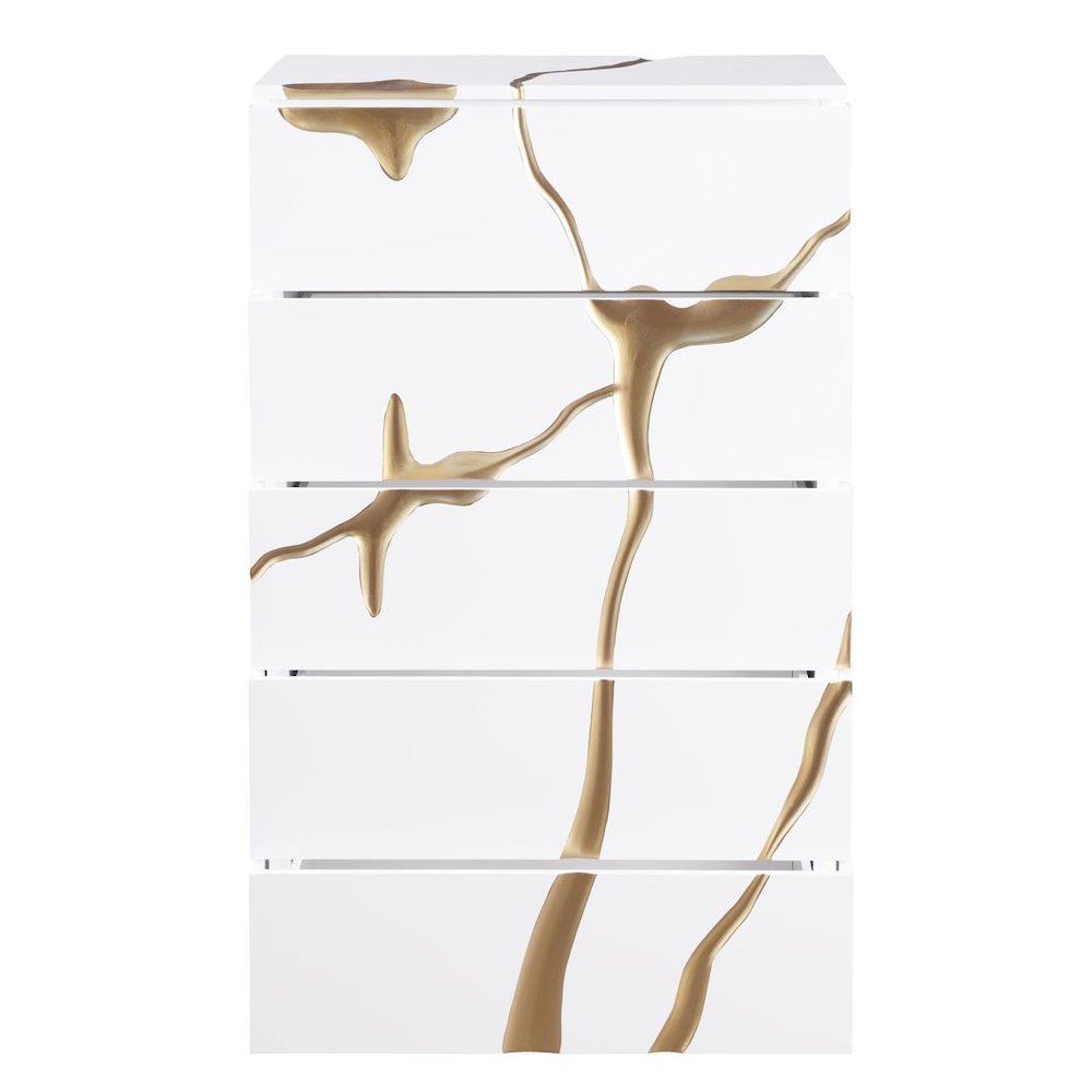 Modern High Gloss Lacquered Drawer Chest with Gold Accent Cracks and Base. Picture 4