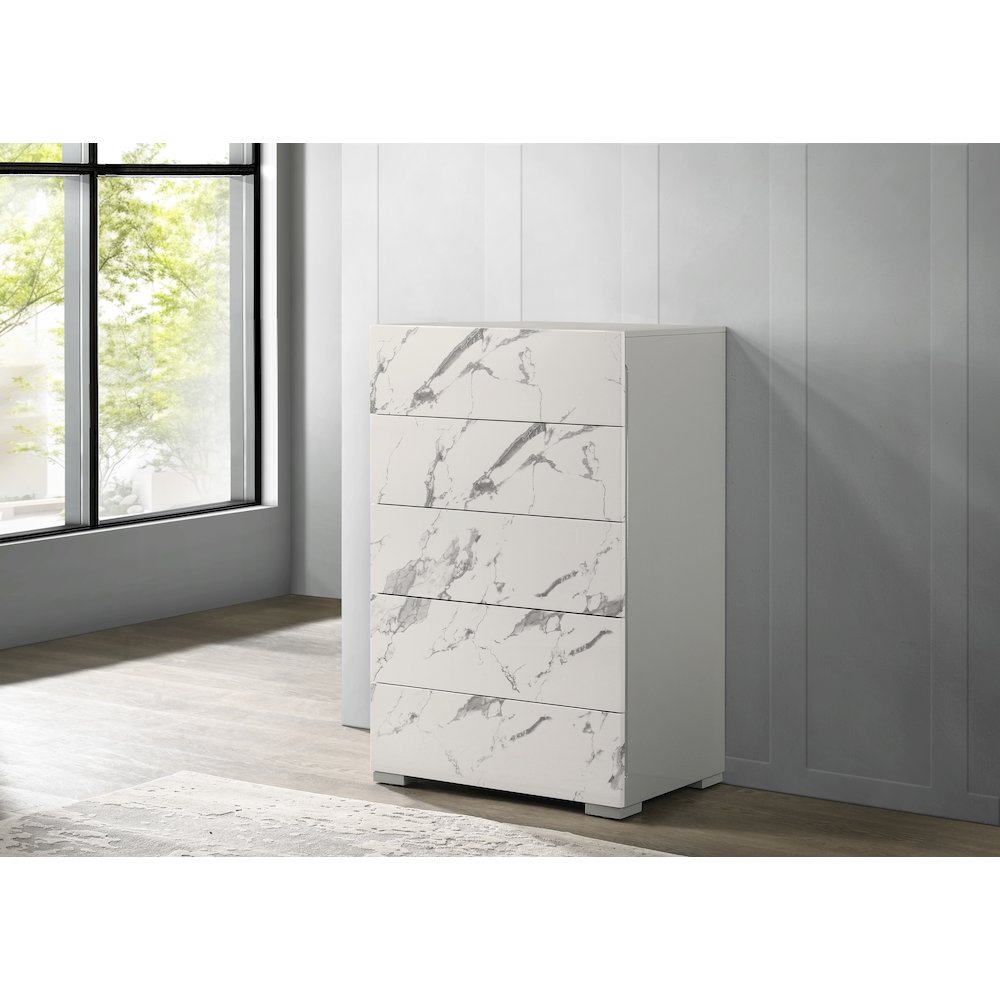 47" High 5-Drawer Chest, Faux Marble Panels, Lacquered Gloss Frame, Modern. Picture 3