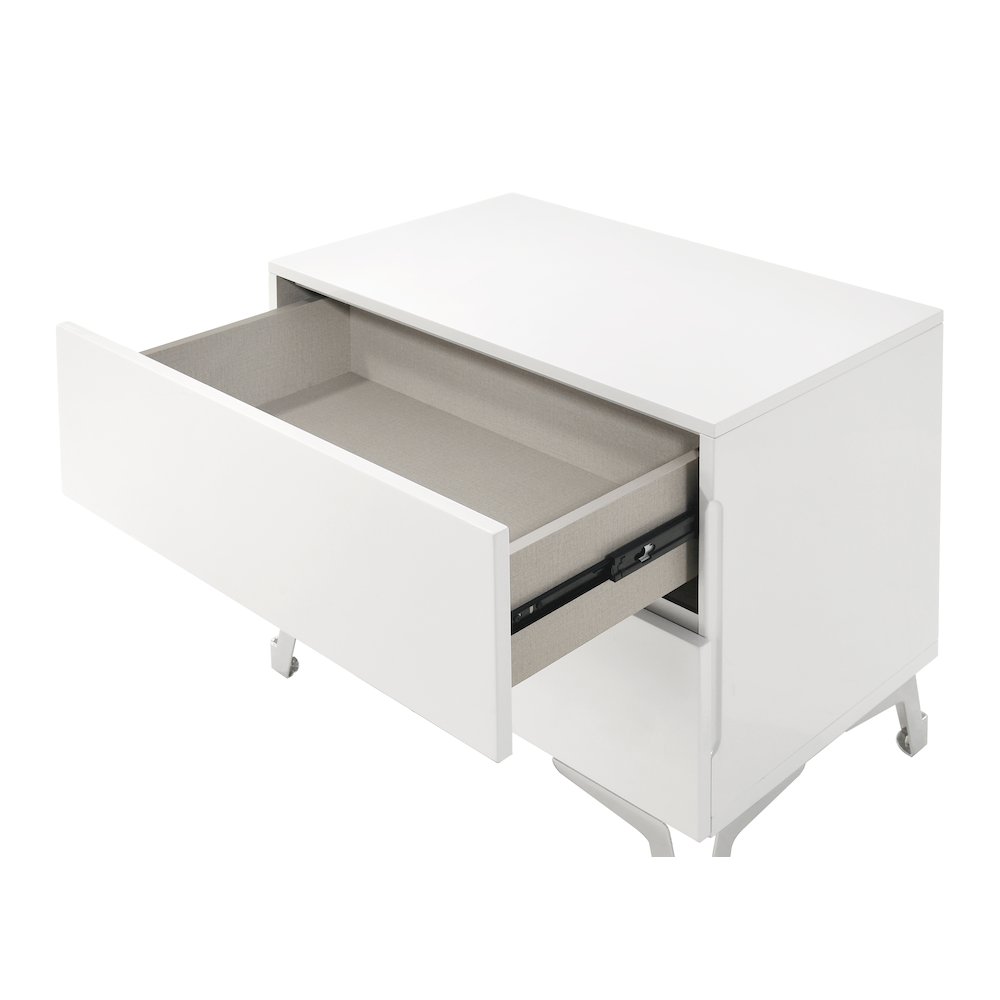 24" Wide 2-Drawer Nightstand, White Gloss Finish, Silver Accent Trim. Picture 2