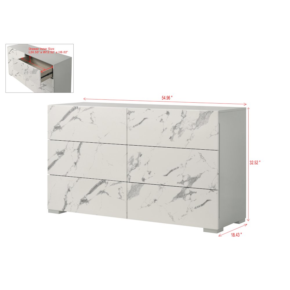 55" Wide 6-Drawer Double Dresser, Faux Marble Panels, Lacquered Gloss Frame. Picture 3