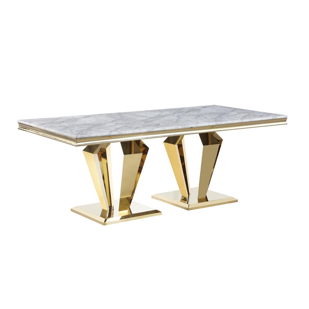 Ivane Light Grey Stone Marble Laminate Gold Rectangle Dining Table. Picture 1