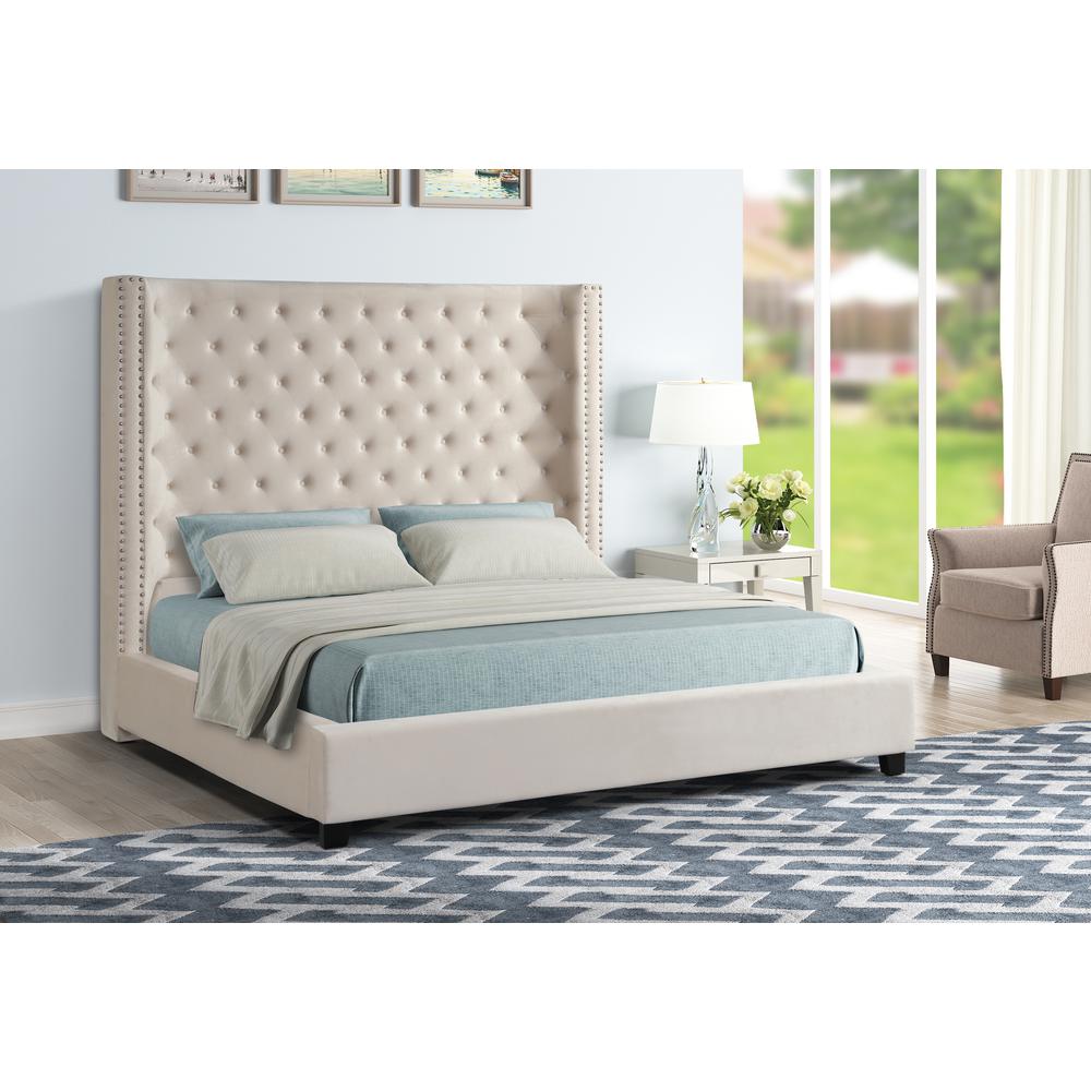 Yvonne Velvet Upholstered Queen Platform Bed in Beige. Picture 2