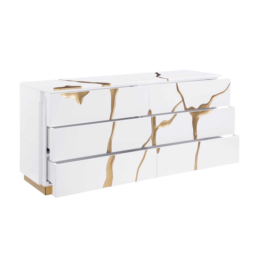 Modern High-Gloss Lacquered Dresser with Gold Crack Accents and Gold Base. Picture 5