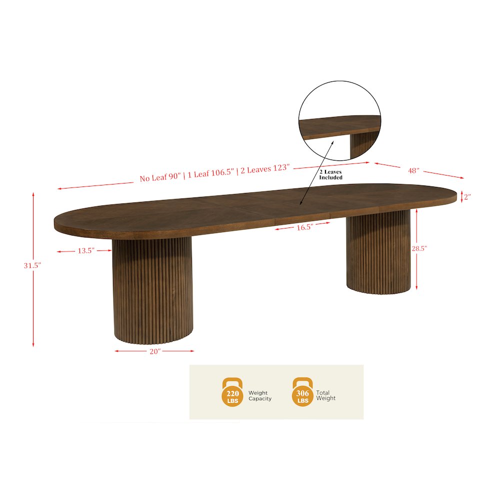 Dobby 90"-123" Extendable Oval Wooden Dining Table, Brown. Picture 6