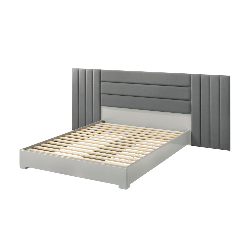 83" Queen Bed Frame, Fabric Channel Tufted Headboard, Lacquered Wood Gloss Rails. Picture 4