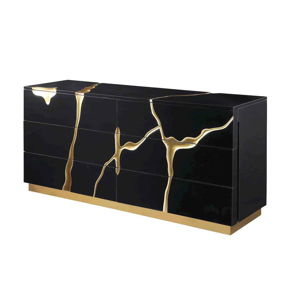 Modern Lacquered Dresser with Striking Gold Crack Accents and Gold Base. Picture 1