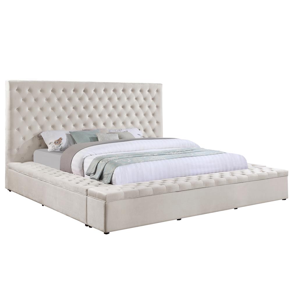 Cierra Velvet Platform Cal King Bed with Storage in Cream. Picture 1