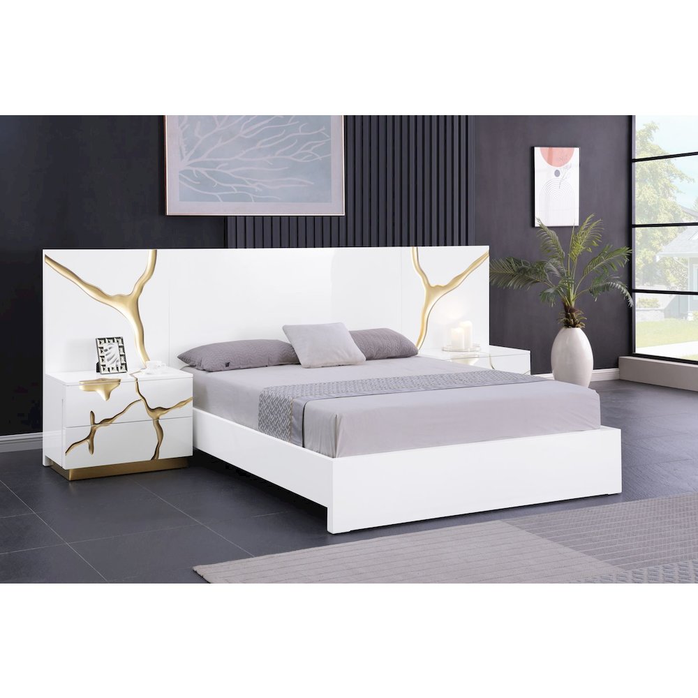 Modern Lacquered High Gloss Queen Bed Frame with Striking Gold Accent Cracks. Picture 5