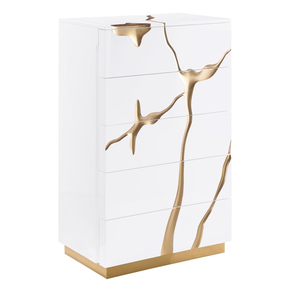Modern High Gloss Lacquered Drawer Chest with Gold Accent Cracks and Base. Picture 1