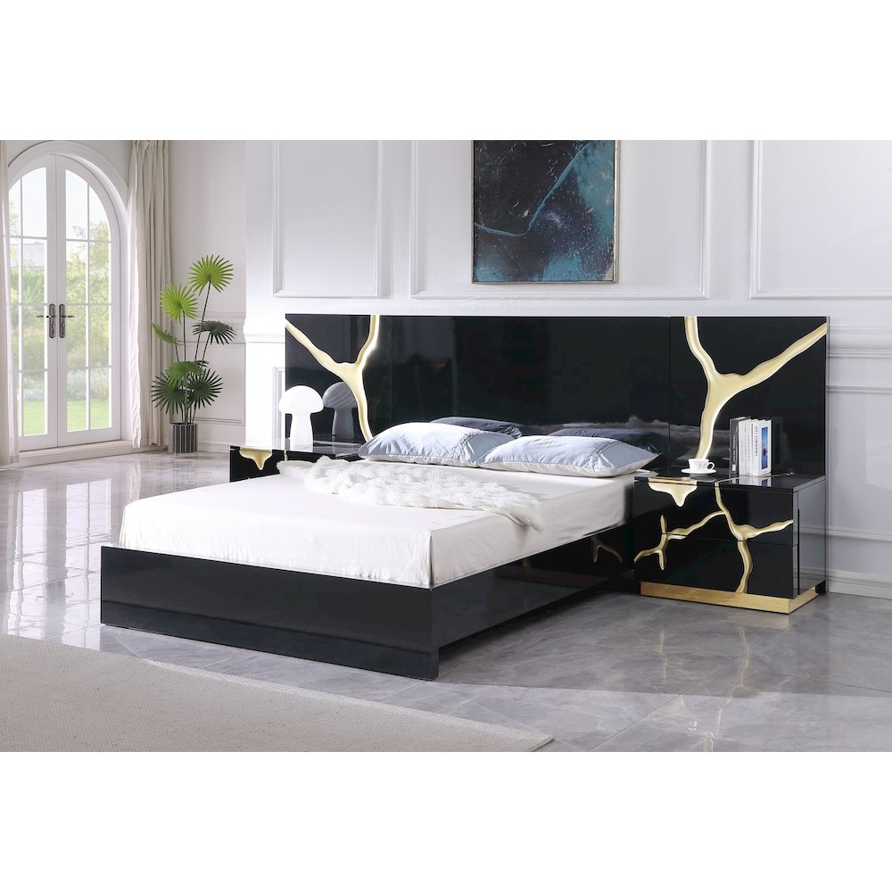 Modern Lacquered High Gloss Queen Bed Frame with Striking Gold Accent Cracks. Picture 5