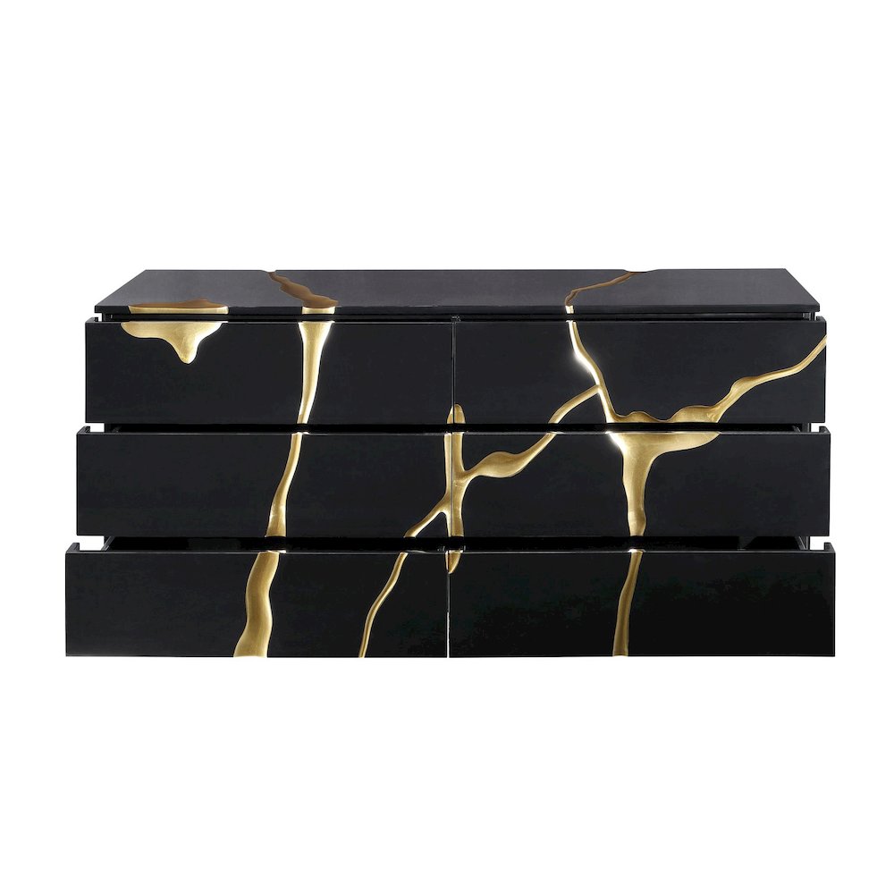 Modern Lacquered Dresser with Striking Gold Crack Accents and Gold Base. Picture 6