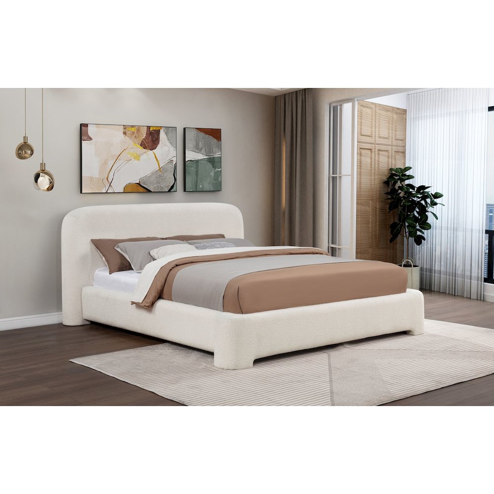 Upholstered Burlap Platform Bed Frame, Eastern King, Cream. Picture 4