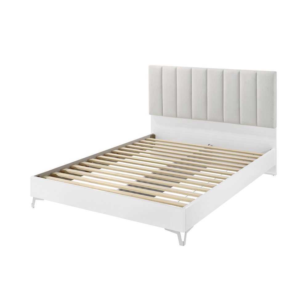 83" Queen Bed Frame, White Frame with Beige Padded Headboard, Channeled Polyeste. Picture 4