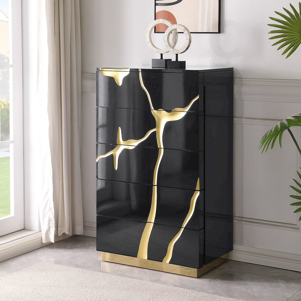 50" Tall Modern High Gloss Lacquered Drawer Chest with Gold Accent Cracks. Picture 8