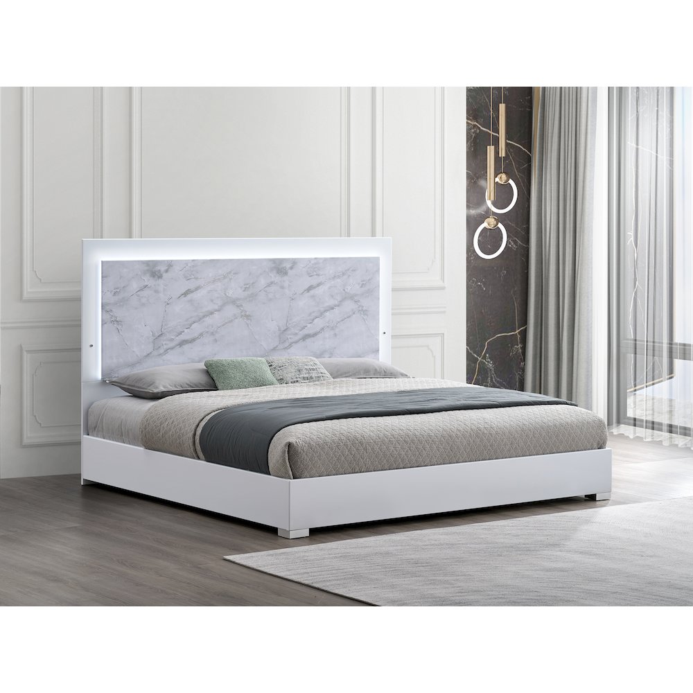 84.5" Eastern King Bed Frame, White Lacquered Gloss, LED Headboard. Picture 2