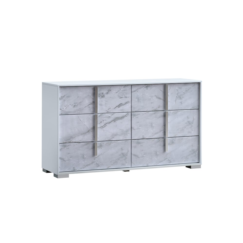 6-Drawer Double Dresser, White Lacquered Gloss, White Faux Marble Finish. Picture 1