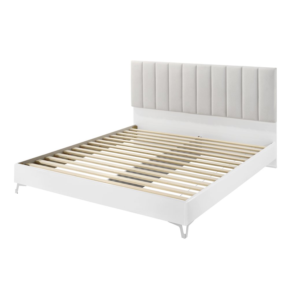 87" California King Bed Frame, White Frame with Beige Padded Headboard. Picture 4