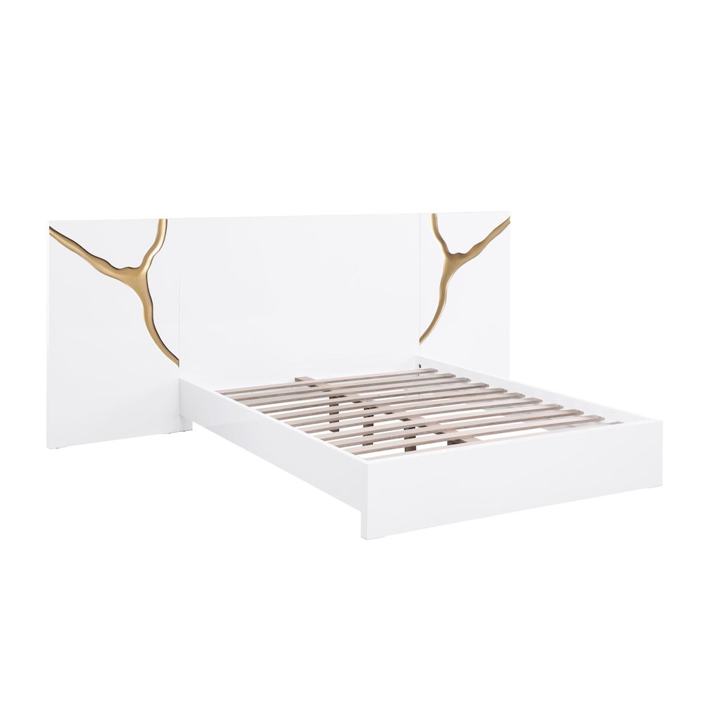 Modern Lacquered High Gloss Queen Bed Frame with Striking Gold Accent Cracks. Picture 1