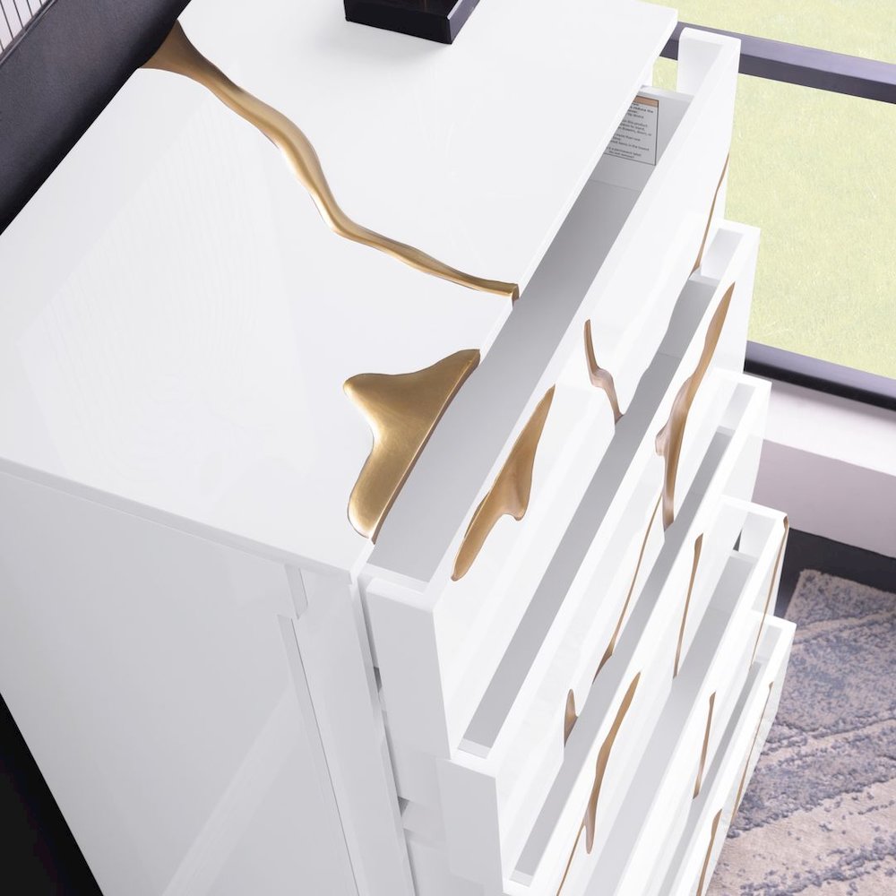 Modern High Gloss Lacquered Drawer Chest with Gold Accent Cracks and Base. Picture 8