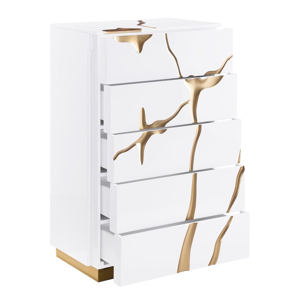 Modern High Gloss Lacquered Drawer Chest with Gold Accent Cracks and Base. Picture 5