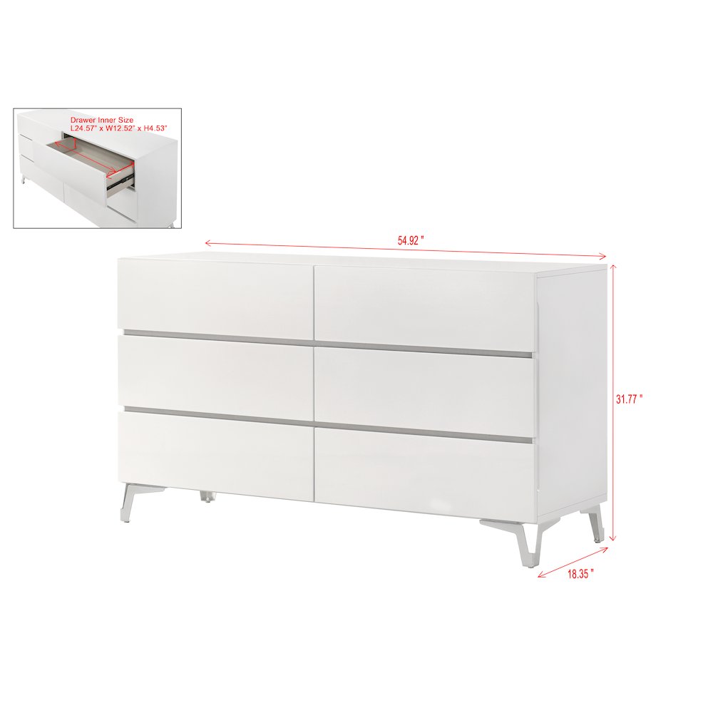 55" Wide 6-Drawer Double Dresser, Gloss Finish, Silver Accent Trim, Modern. Picture 3