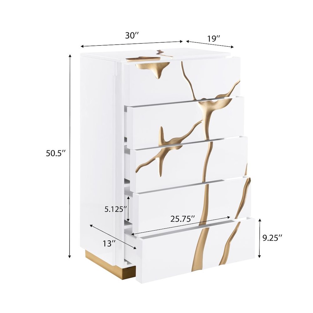 Modern High Gloss Lacquered Drawer Chest with Gold Accent Cracks and Base. Picture 6