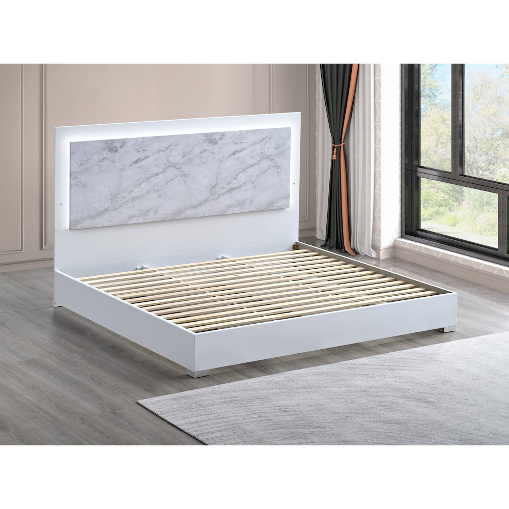 84.5" Eastern King Bed Frame, White Lacquered Gloss, LED Headboard. Picture 3