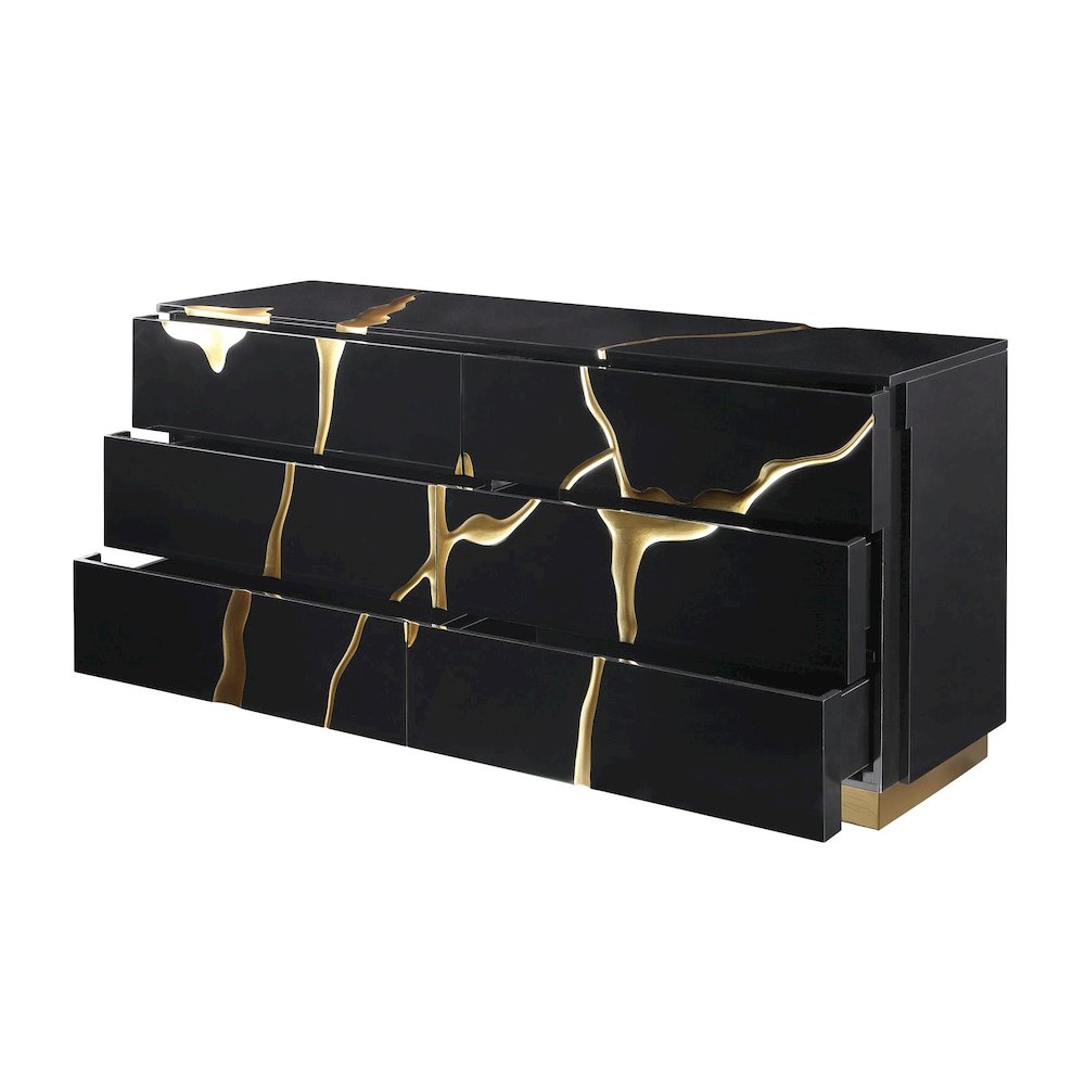 Modern Lacquered Dresser with Striking Gold Crack Accents and Gold Base. Picture 4