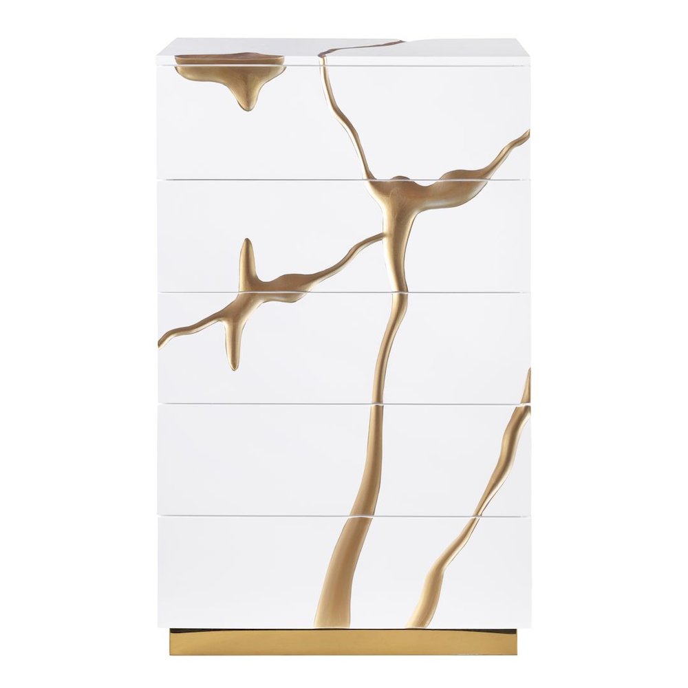 Modern High Gloss Lacquered Drawer Chest with Gold Accent Cracks and Base. Picture 2