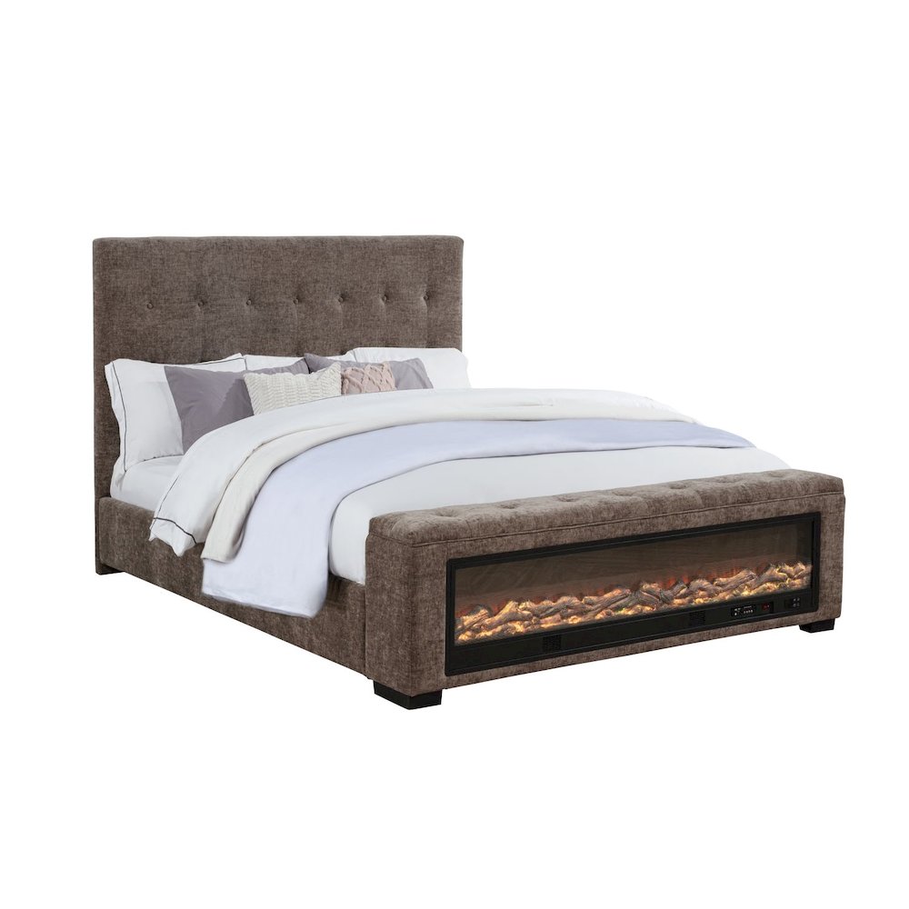 Umeria Upholstered Bed Frame with LED Fireplace Footboard, Queen, Grey Chenille. Picture 1