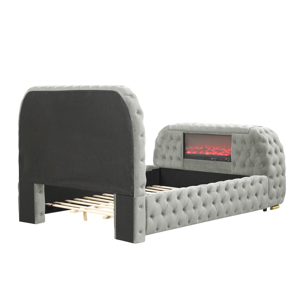 Brielle Upholstered Velvet Bed Frame with TV Stand & Fireplace, Queen, Grey. Picture 2