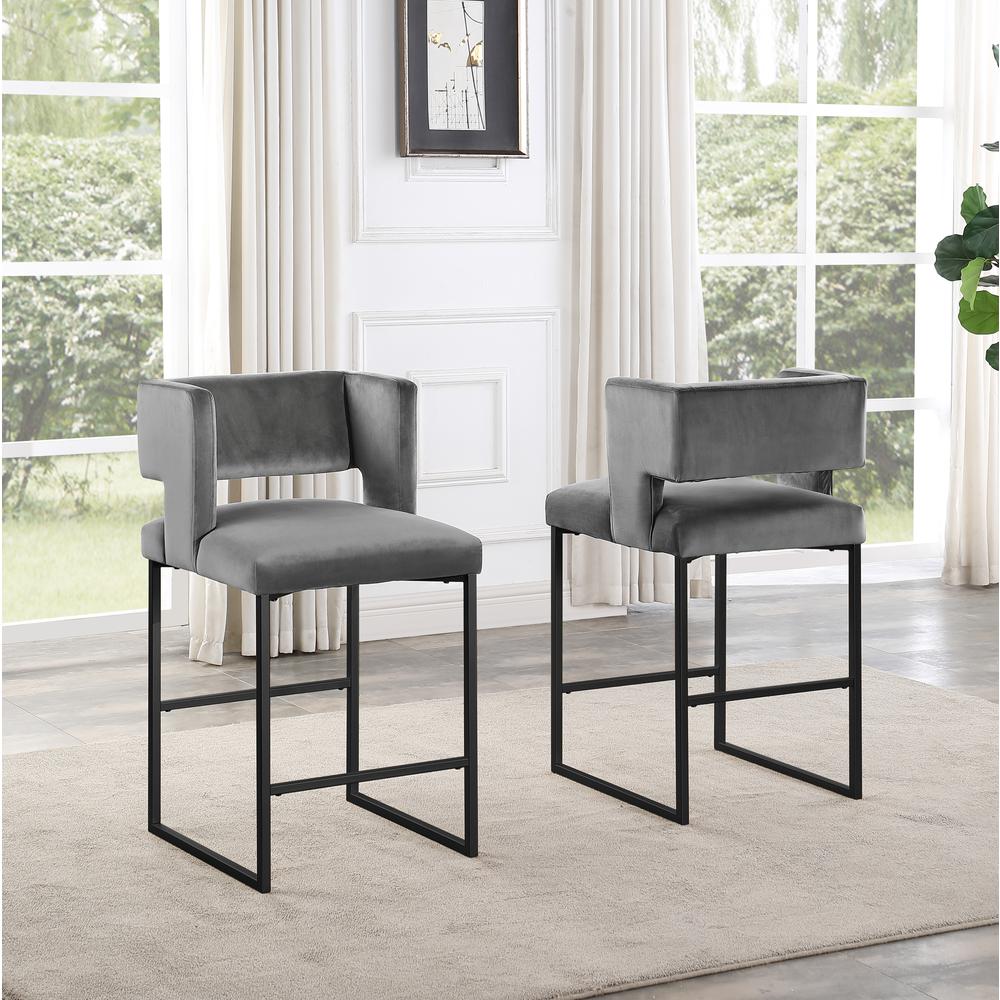 Lynx Gray Velvet Bar Stools in Matte Black (Set of 2). Picture 3