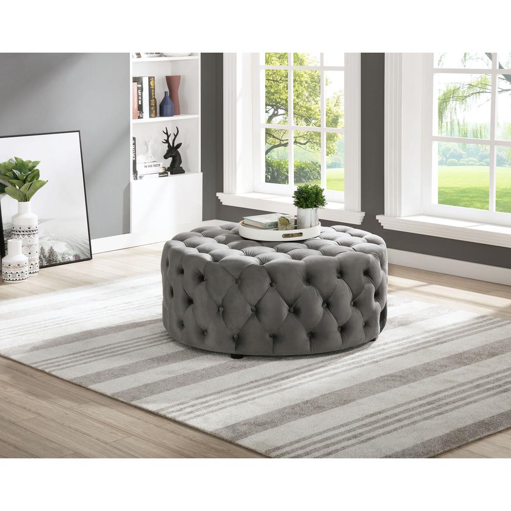 Best Master Furniture Anderson 40" Round Velvet Fabric Ottoman in Gray. Picture 1